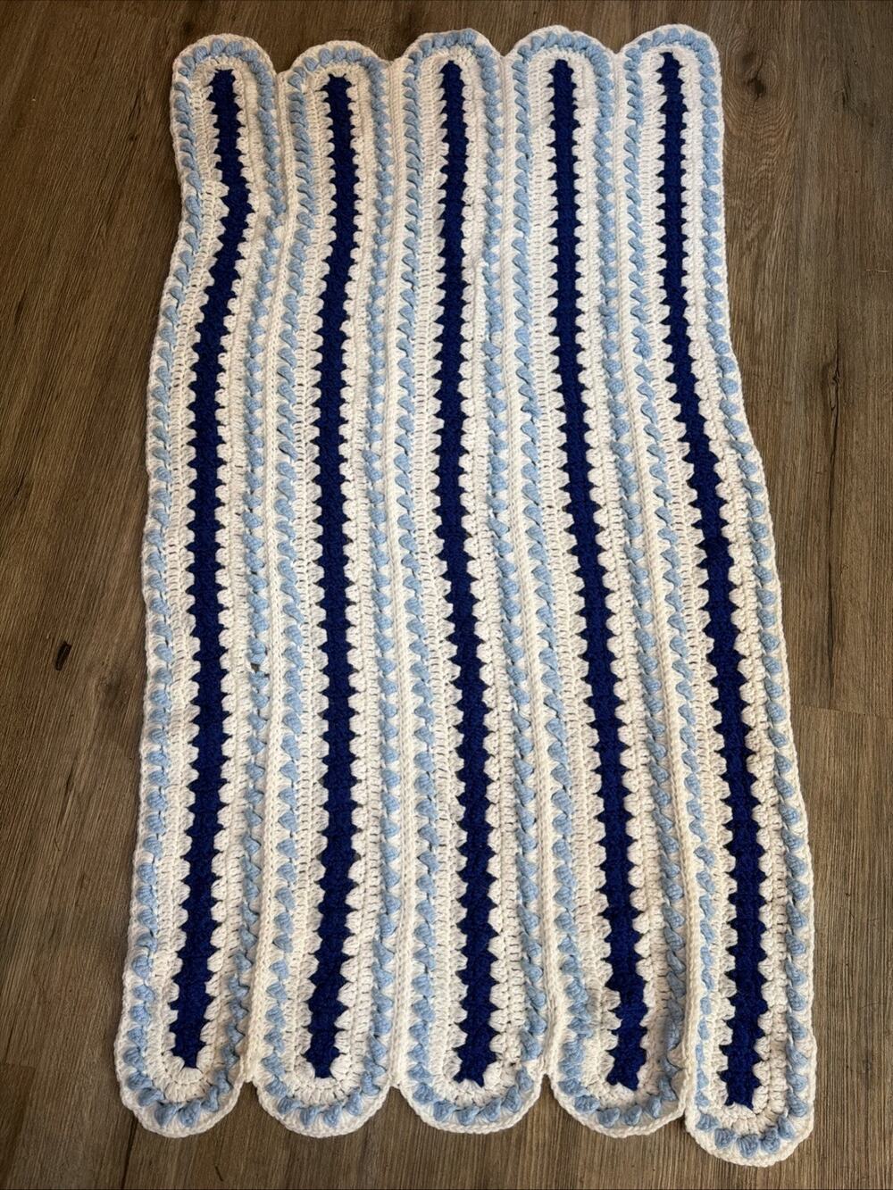 Handcrafted Blue & White Striped Scalloped Afghan Baby Blanket 47x25